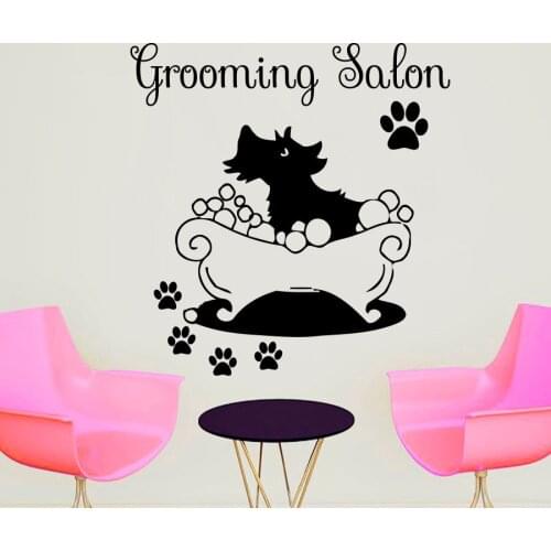 Grooming Salon Wall Sticker DIY Removable Paw Print Dog Taking A Bath Wall Decals Vinyl Home Decor