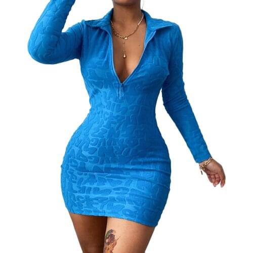 Hirigin New Womens Sexy Bodycon Mini Dress Long Sleeve Solid Color V Neck 3D Letter Printed Zip Up Shirt Hip Dress