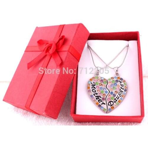 New Arrival Gift box packaging Mother and daughter Rhinestone heart best friend mothers day family Mixed crystal hearts necklace