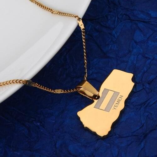 Stainless Steel Gold Color Yemen Map and Flag Necklace Maps of Yemeni Charm Jewelry