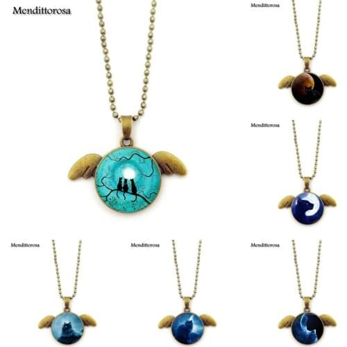 Mendittorosa Blue Moon Black Cat Necklace With Bronze Plated Angel Wings Pendant Necklace For Women Christmas Gift