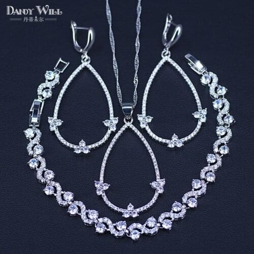 New Arrival 3 Piece silver color Big Pear Shape Cubic Zircon Tennis Necklace/Earrings/Bracelets Jewelry Set For Women