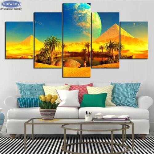 Full Square Round 5D DIY Diamond Painting 5 Piece Desert Oasis and Pyramid Landscape Diamond Embroidery Rhinestones Mosaic kit