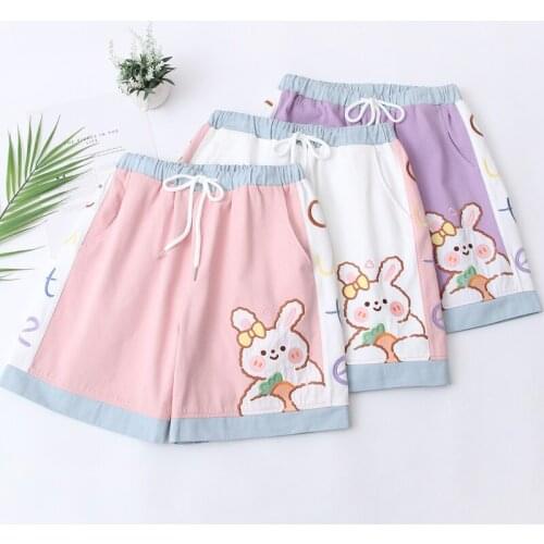 Cartoon Rabbit Embroidery High Waist Casual Women Cotton Shorts 2021 Summer Chic Drawstring Ladies Basic Kawaii Cute Bottoms