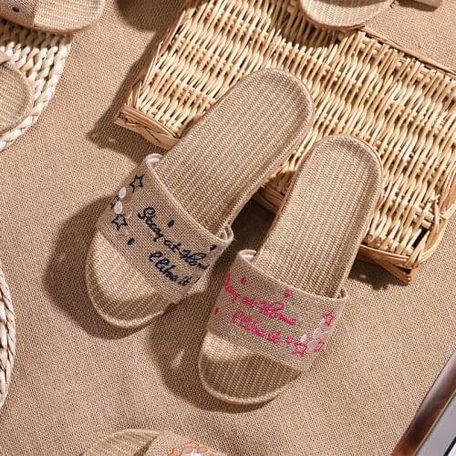 2020 New Unisex Linen Slippers Summer Lovers Indoor Non-Slip Slides Casual Flat Breathable Sandals Ladies Embroidered Flax Shoes
