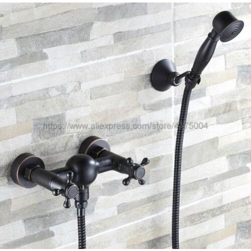 Bathroom Shower Faucet Black Oil Rubbed Brass Bath Shower Faucet Mixer Tap With Hand Shower Head Set Wall Mounted Ntf016