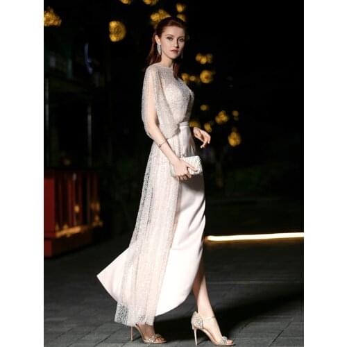 Sequined Tulle Evening Dresses Long New Design Asymmetrical Party Dresses Abendkleider 2019