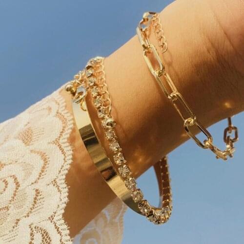 DIEZI Vintage Hip Hop Gold Silver Color Cuff Bangle Chunky Chain Bracelets Fashion Rhinestone Geometric Bracelet Sets Jewelry