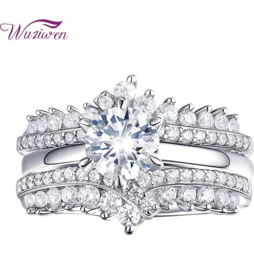 Wuziwen Solid 925 Sterling Silver Wedding Rings Set For Women Solitaire Engagement Ring Guard Band AAAAA Zircon WZW0910
