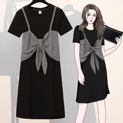 Oversize 5XL Women Vestidos Dresses 2021 Summer Bow Women Shirts Slim Dress Patchwork Fake Two Piece Black Robe Dress Clothes