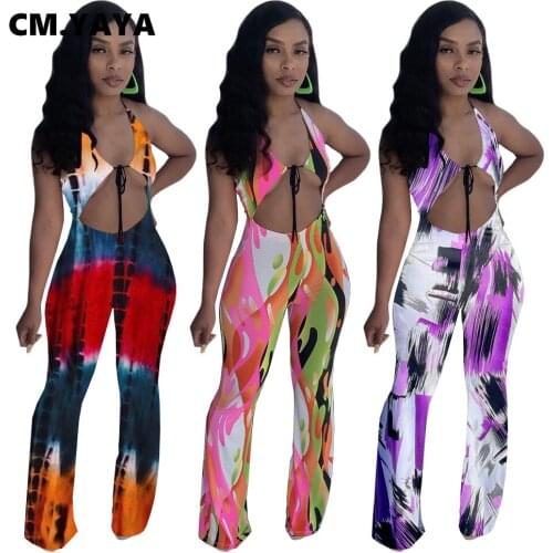 CM.YAYA Sexy Beach Tie Dye Womens Cut Out Halter Neck Jumpsuit Romper Sleeveless Playsuit Streetwear Basic Overall Outfits