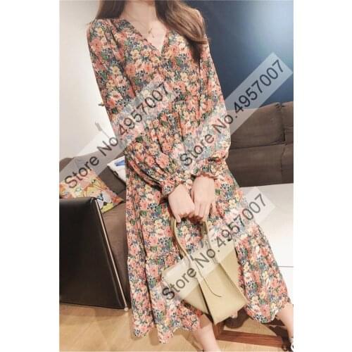 Ladies 2021 Long Sleeve Floral Printing Deep V Neckline Midi Dress