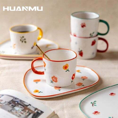 300ML Cartoon Ceramics Fruit Mug Set With Saucers Coffee Milk Mugs Cute Creative Breakfast Drinkware Birthday Gift Porcelain