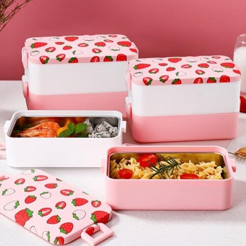 304 Stainless Steel Insulated Lunch Box Student School Multi-Layer Lunch Box Japanese Style Strawberry Pattern Tableware Bento