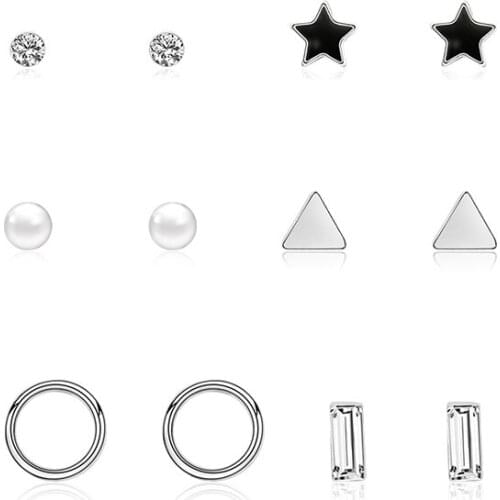 Elegant Six Pairs/Set Crystal Resin Mini Star Earring Studs Black Color Copper Stud Earrings Set For Women Girls Party Brincos
