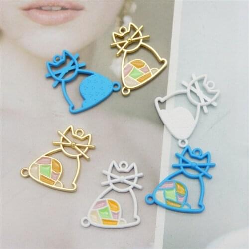 Julie Wang 6PCS Enamel Hollow Cat Charms Spray-painted Animal Connector Pendant Bracelet Earrings Jewelry Making Accessory