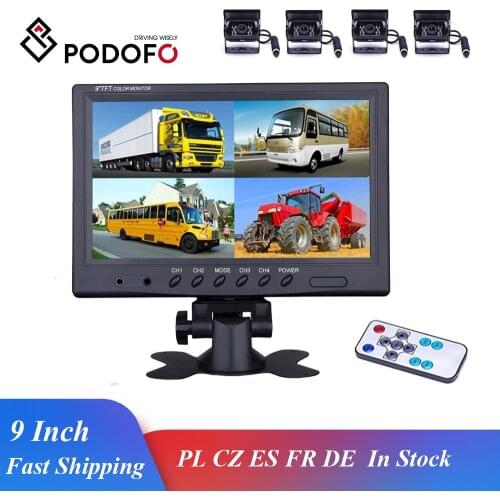 Podofo 9" LCD Car Monitors Vehicle Rearview Parking Backup Camera Quad Split Screen 4Pin Reverse Kit for Bus Truck Caravan Van