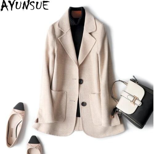 AYUNSUE 100% Wool Coat Women Spring Autumn Plaid Jacket Double-sided Korean Blazer Overcoat Coats Female Jackets 2020 0528 J3906