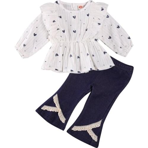 2021 0-24M Baby Girl Clothing Hearts Print Ruffle Shoulder Blouse Top+Lace Denim Flare Pants Trousers Fashion Toddler 2pcs Set