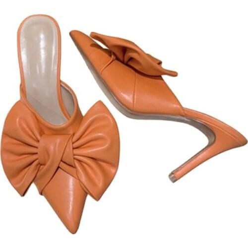 Designer Orange Leather Pointed Stiletto High-heeled Bow Knot Muller Slippers Summer Slingback Sandals Mules Femme Flip Flops
