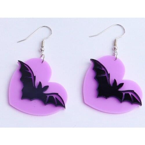 Halloween Black Bat Purple Peach Heart Acrylic Drop Earrings For Women Girl Funny Dangle Earrings Jewelry Fashion Halloween Gift