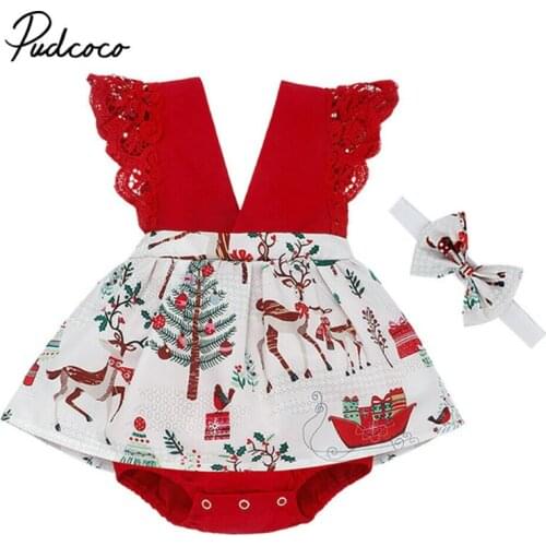 Pudcoco 2Pcs Newborn Baby Girl Christmas Bodysuits Sleeveless Deer Print Jumpsuit Headband Sleepwear Party Costume Baby Clothes
