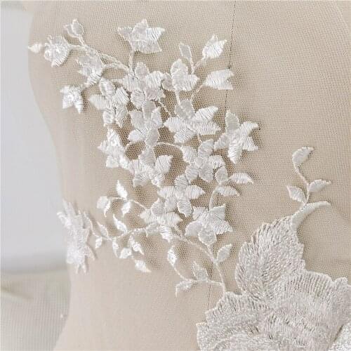 Large Sequins beaded lace appliques for wedding dresses white mesh lace appliques patches Embroidery patch lace flowers
