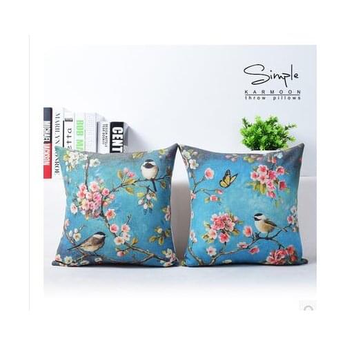 Oil Paintings blue Birds Flowers Cushion Cover blue background Cherry Blossom printed pillowcase throw pillow cover backrest
