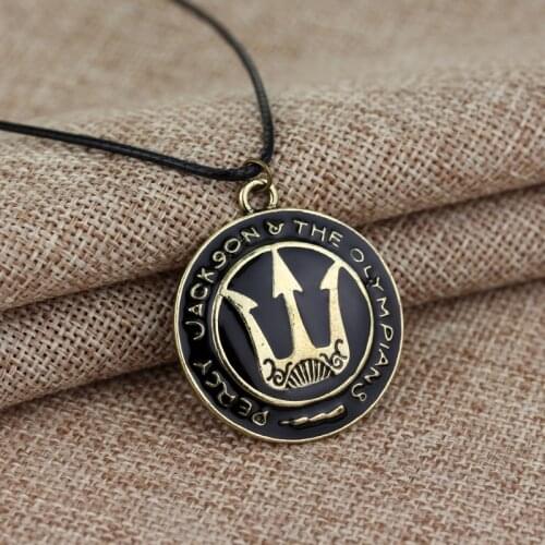 Dongsheng Fashion Movie Jewelry Percy Jackson and the Olympians Trident Pendant Necklace Leather Rope Chain Round Metal Necklace