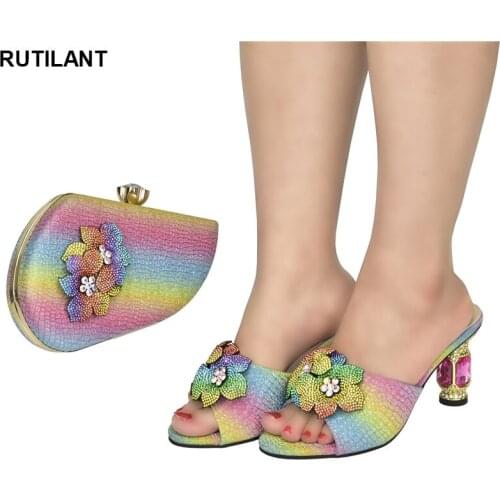 New Women Sandals Elegant Nigerian Women Pumps Shoe for Party High Quality African Shoes and Bag Set Decorated with Rhinestone
