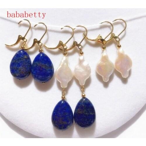 Wholesale New fashion simple irregular lapiss lazulis stone fresh water white natural AA irregular pearl handmade earrings 001