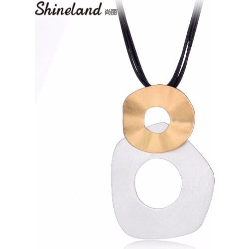 Shineland Multilayer Black PU Leather Double Irregular Round Hollow Drawing Necklace Pendants For Women Men Maxi Punk Jewelry