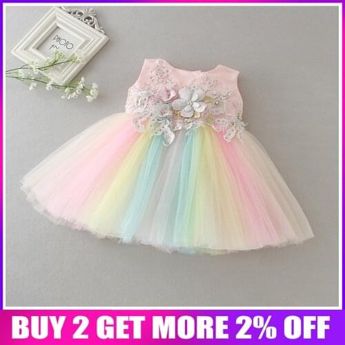 Girls Dress Baby Flower Girl Clothes Kids Princess Bead Wedding Birthday Rainbow Pastel Tulle Party Dresses,Tutu Vestidos S8882