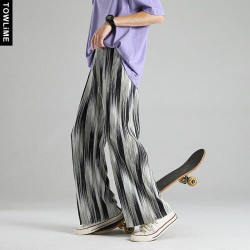 Pleated Straight Tie-Dyed Pants Mens Korean Streetwear Elastic Waist Casual Wide Leg Trousers Hip Hop Man Loose Ice Silk Pants