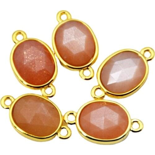 Natural sun stone connector oval Faceted Gem stone charms orange beads jewelry gold bezel findings double bail pendant