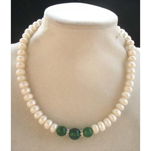 Freshwater pearl white and red/green jade round necklace 18inch FPPJ wholesale beads nature