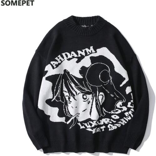 Oversized Pullover Hip Hop Harajuku Mens Sweater Japanese Anime Girl Pattern Casual Streetwear Women Sweater Cotton O-Neck Tops