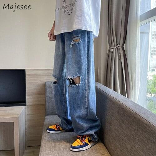 Ripped Holes Jeans Men Summer Baggy Oversized S-3XL Mopping Denim Wide Leg Trousers Casual Retro Hip Hop Korean Fashion Bottoms