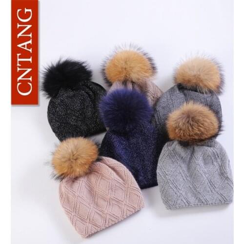 Multiple Styles Fashion Warm Hat Women Winter Beanies Natural Raccoon Fur Pompom Cap Wool Knitted Hats Women High Quality