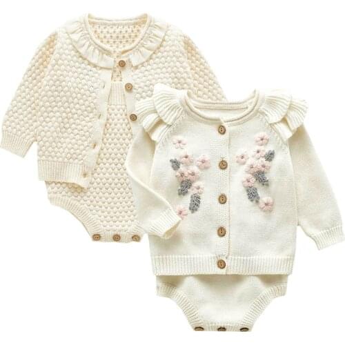 Infant Baby Girls Knitting Clothing Sets Long Sleeve Flower Cardigan Coat+Rompers Spring Autumn Toddler Girl Clothes Suit