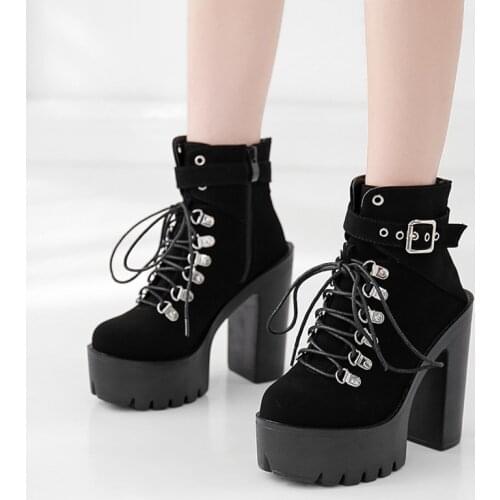 Lace Up Women Boots Platform Buckle Boot Winter Shoes 2021 Thick Heel Autmn Boots With Zipper Ankle Strap Black Suede Gothic