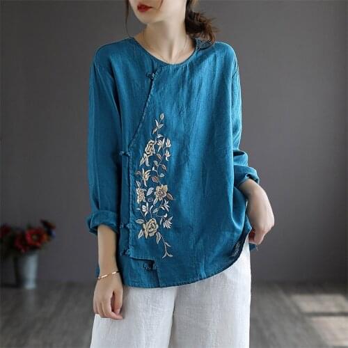 Johnature Women Linen Shirts O-Neck Long Sleeve Solid Color Vintage Embroidery Blouse 2021 Autumn New Button Loose Clothing