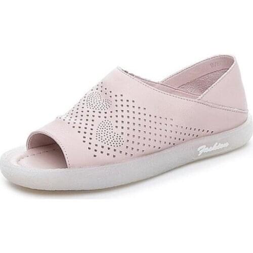 Hot 2020 New Summer High Quality Top Cowhide Leather Sandals Fish Mouth Hollow Women Sandals Soft Bottom Comfort Flat Sandals