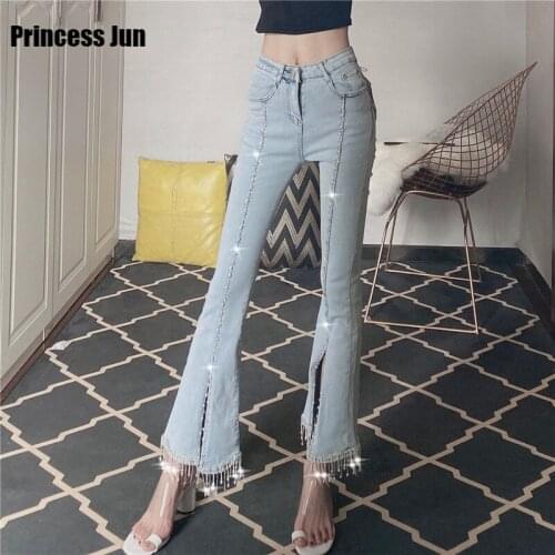 Women Skinny Jeans 2021 New High Waist Fashion Thin Flared Denim Pants Heavy Blingbling Beaded Rhinestones Tassel Split Pants