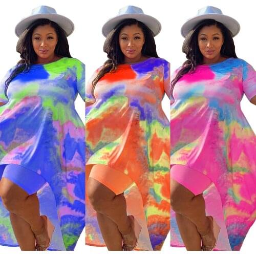 Plus size 2 piece set summer outfit women tie dye printed long tops + shorts Sweat Suit Outfits Tracksuit Matching Sets 5XL 4XL