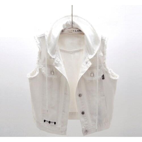 Fashion Women White Hooded Denim Vest Short Waistcoat Female Plus Size Hole Ripped Sleeveless Jacket Casual Tassels Jeans Vests