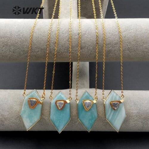WT-BN1067 WKT Fashion Natural Stone Necklace With Tiny Druzy Stone Decoration Necklace In Geometic Shape Pendant Necklace
