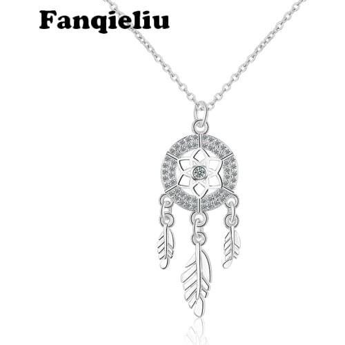 Fanqieliu Sterling Silver 925 Jewelry 5A Zircon Pendant Necklace For Women Dreamcatcher Leaf Pendants Crystal Necklaces FQL20250