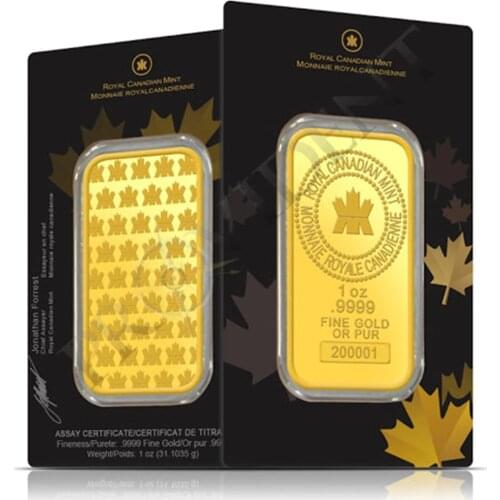 1 OZ Canadian Maple Leaf Gold Bar Bullion. Gold-plated In Dependent Serial Number Acrylic Sealed Packaging Without Magnetism