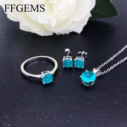 100% 925 Sterling Silver Paraiba Blue Tourmaline Gemstone Jewelry Set for Women Girls Ring Earrings Necklace for Wedding Gifts